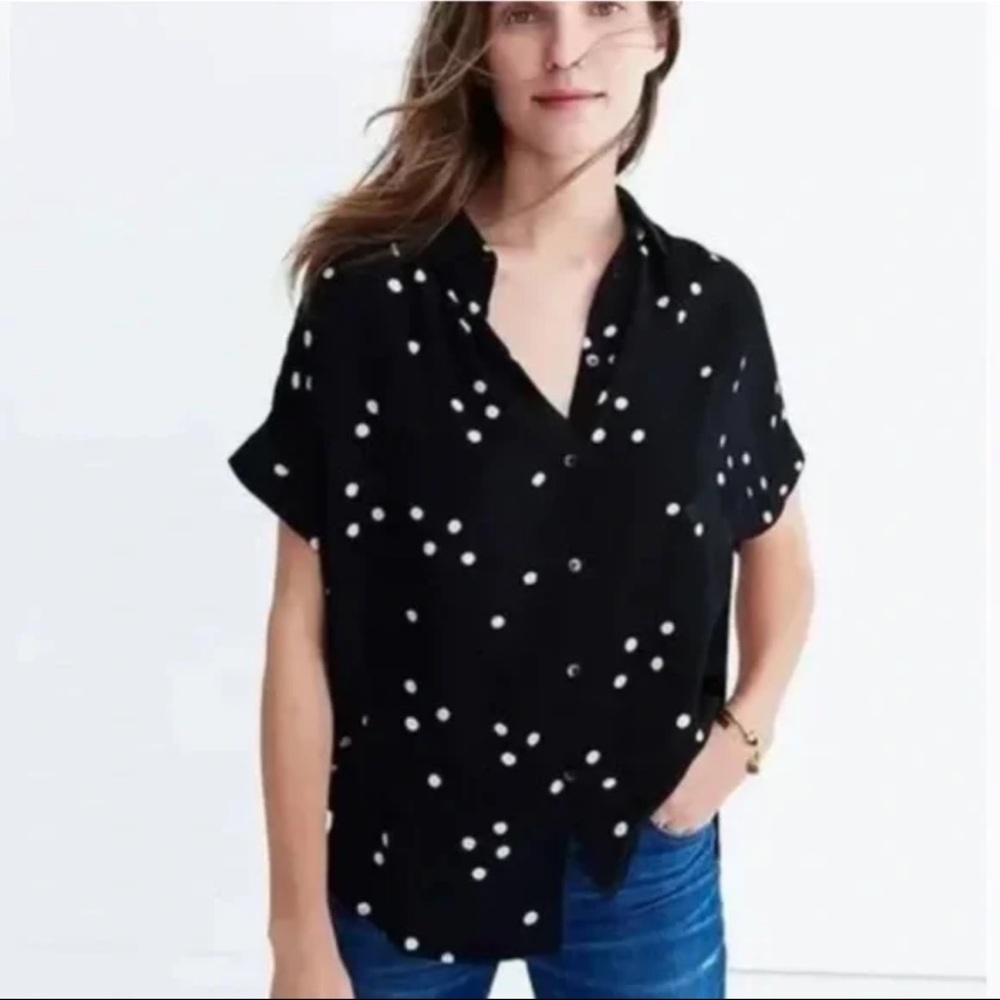 Madewell Black Polka Dot short shirt blouse, Women Size Small